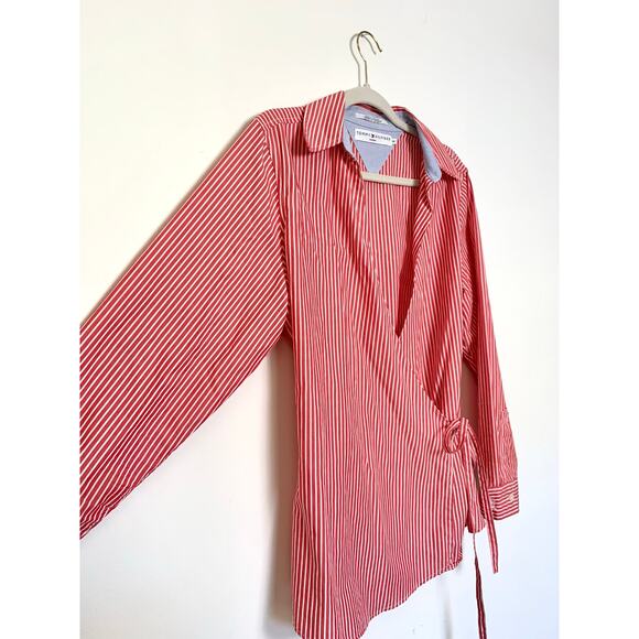 Tommy Hilfiger Red White Stripe Wrap Blouse Womens 1X Cotton Long Sleeve Preppy - Picture 7 of 12